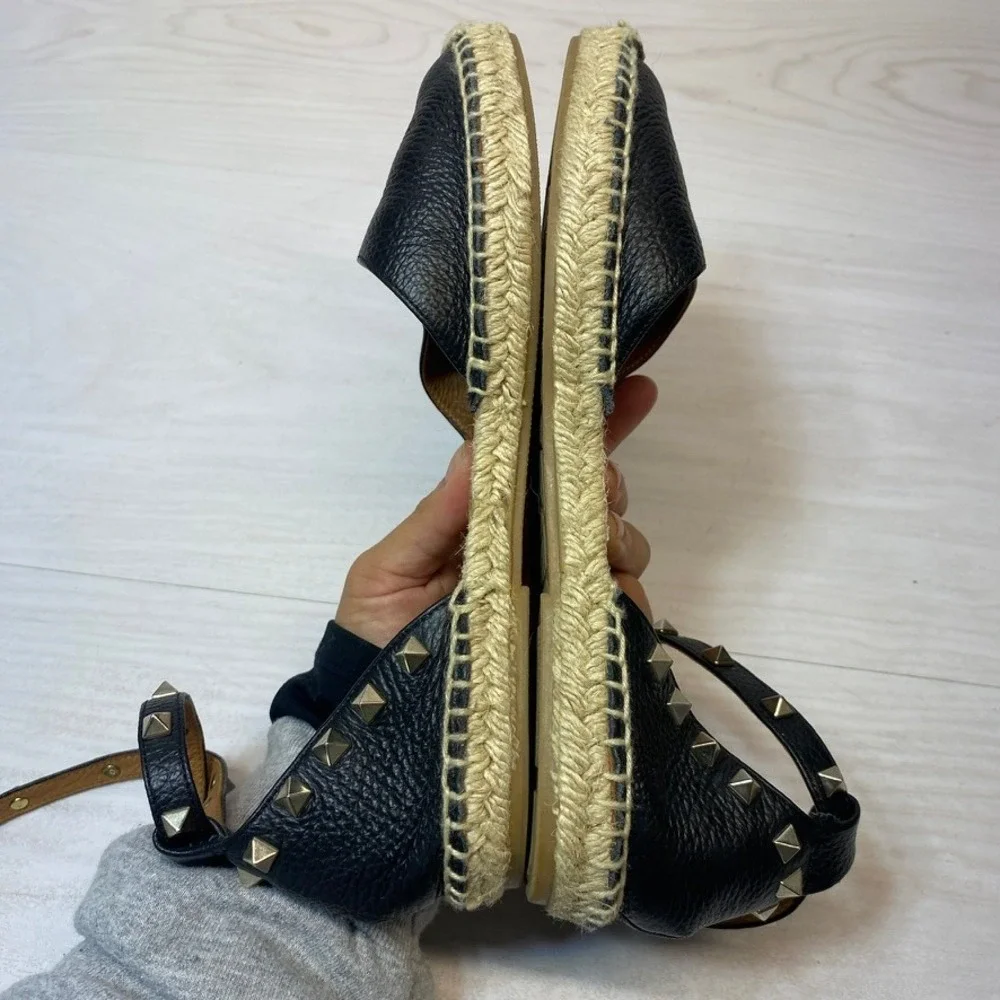 Maypol Womens 38 Espadrille Sandals Studded Ankle Strap Black Leather Flat Spain
